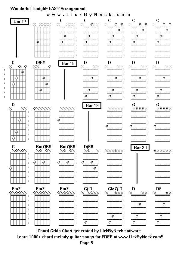 Chord Grids Chart of chord melody fingerstyle guitar song-Wonderful Tonight- EASY Arrangement,generated by LickByNeck software.